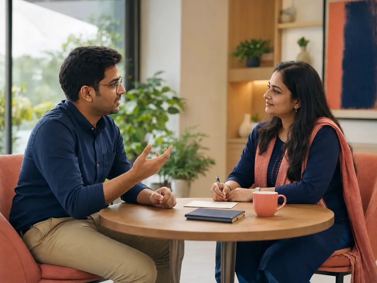 A professional asking questions in a supportive guidance session