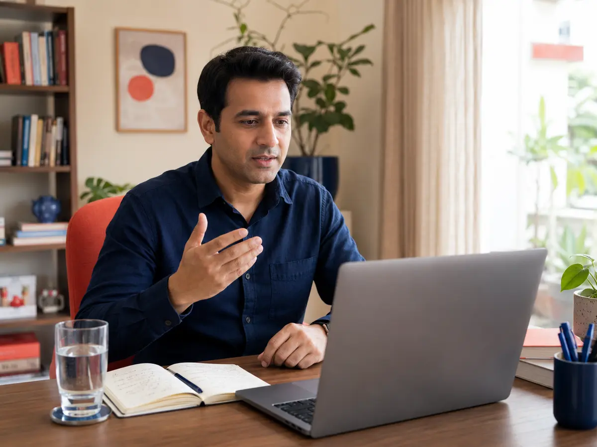 A professional practising a video interview in a calm setting